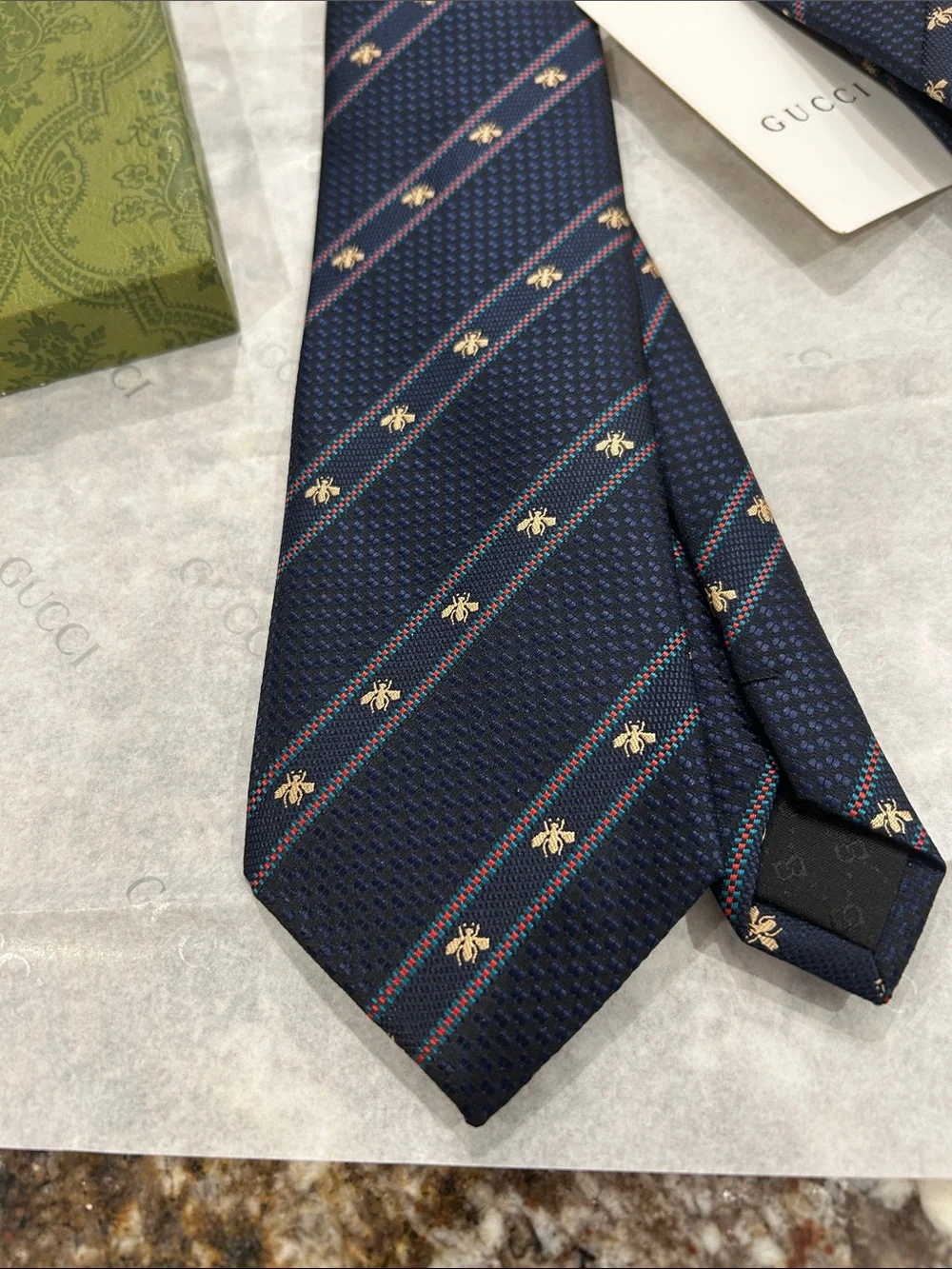 Gucci Navy Silk Diagonal Stripe Tie with Bee Pattern